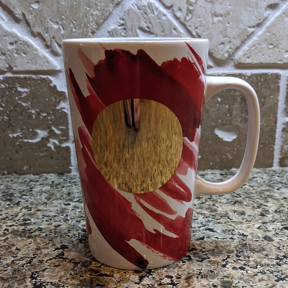 Starbucks Tall Ceramic Mug Coffee Tea Cup White Red Gold Dot Cocoa Abstract
